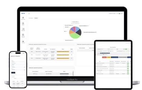 Dispositivos exibindo dashboard de gerenciamento.