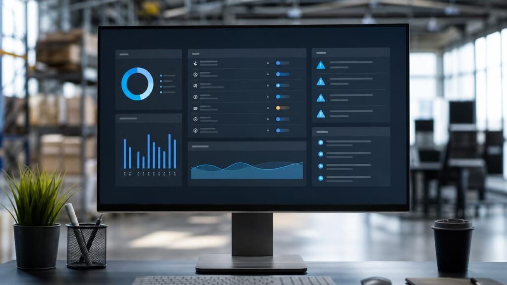 Monitor exibindo painel de dados em escritório moderno