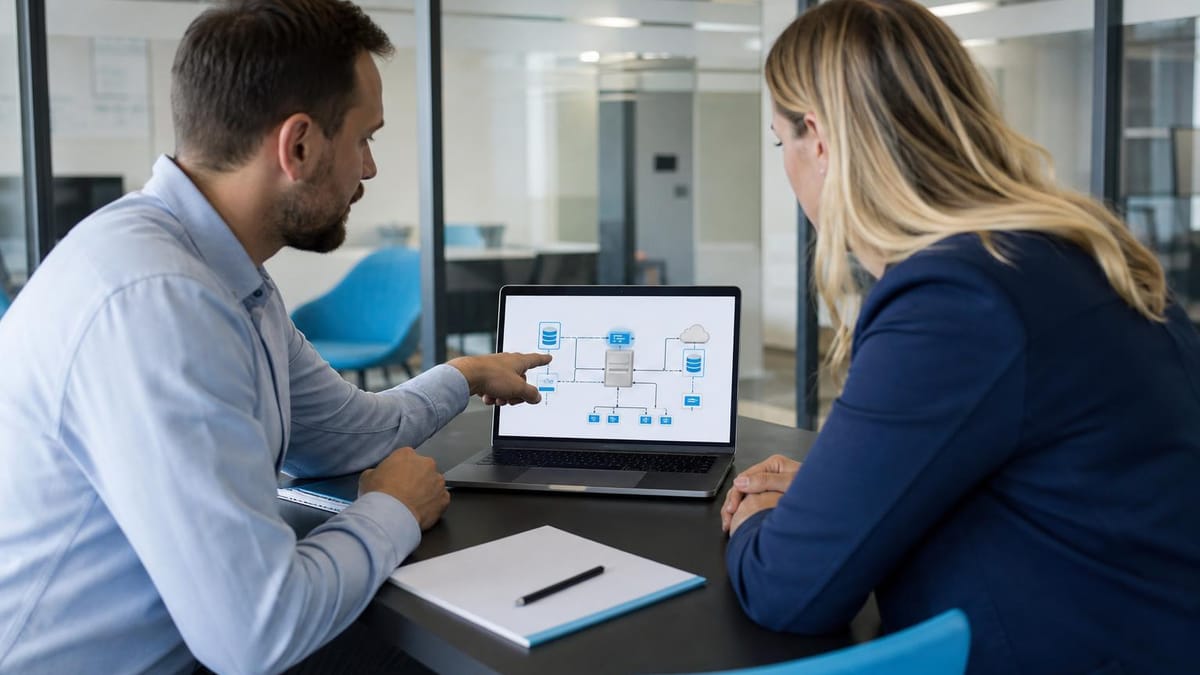 Duas pessoas escolhendo soluções digitais para gestão de terceiros
